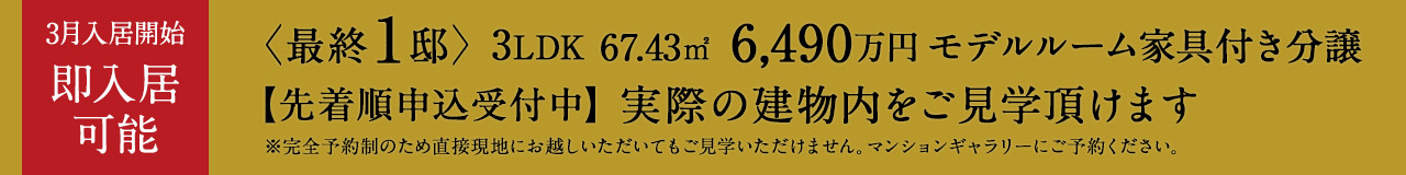 2025年3月入居開始　即入居可　先着順申込受付中〈最終1邸〉　3LDK 6,490万円　モデルルーム家具付き分譲